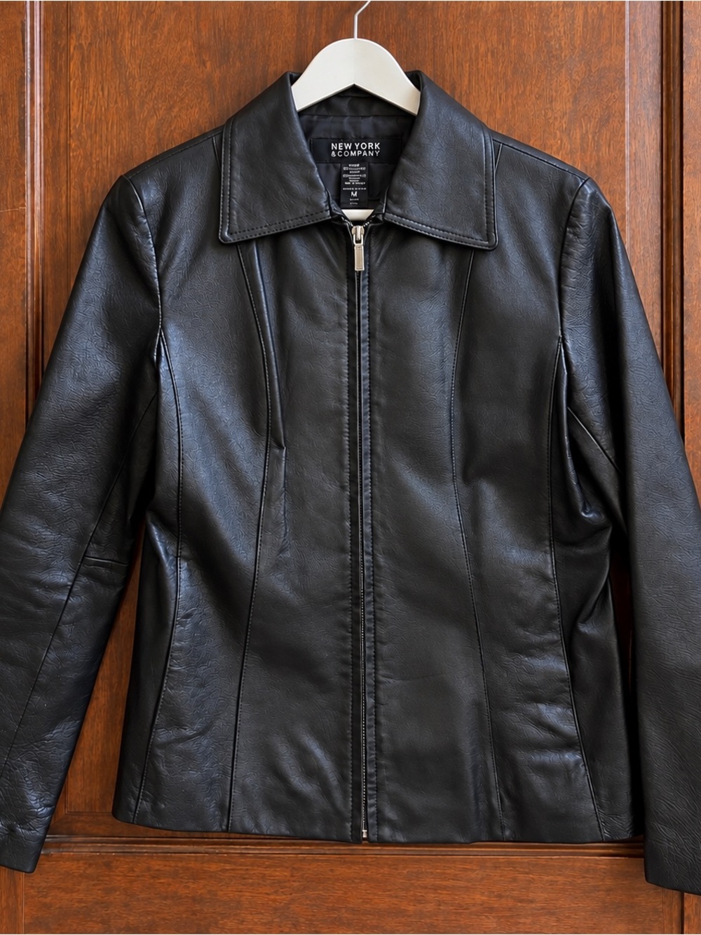 New York & Company Black Faux Leather Zip Jacket